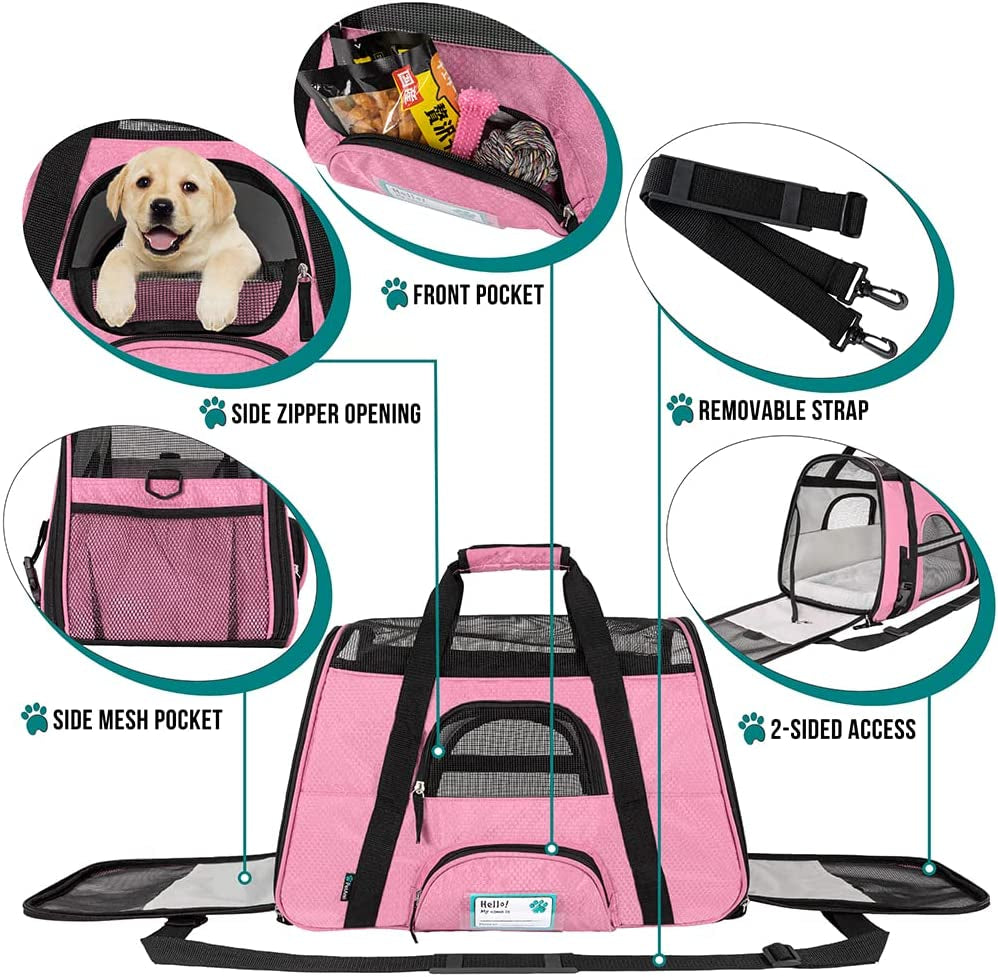 Airline-Approved Soft-Sided Pet Carrier for Cats and Small Dogs, Ventilated Travel Bag for Indoor Use, Suitable for Medium to Large Kittens and Puppies, Large Pink Design