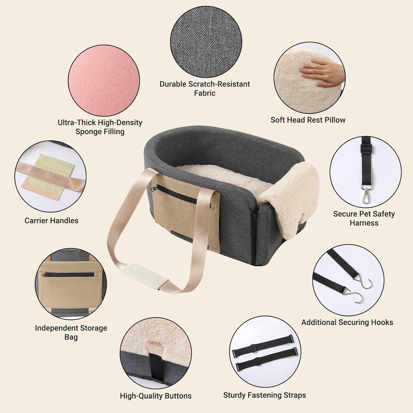 Dog and Cat Car Booster Seat with Safety Tethers and Convenient Carrying Strap